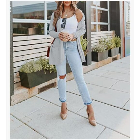 Merokeety Womens Large Long Sleeve Light Grey Knit Cardigan Sweater Pockets - Picture 3 of 14